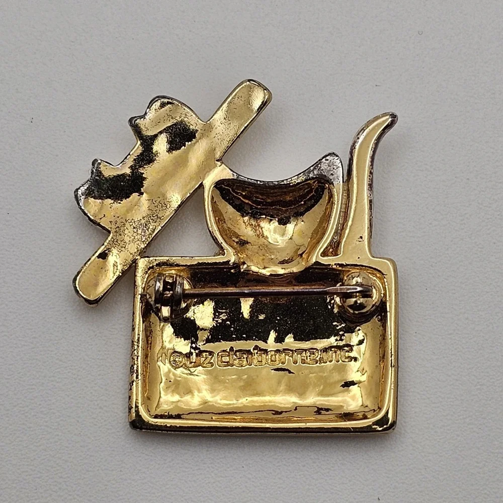Vintage LIZ CLAIBORNE Signed Brooch Kitten in Gift Box Gold and Silver Tone Pin